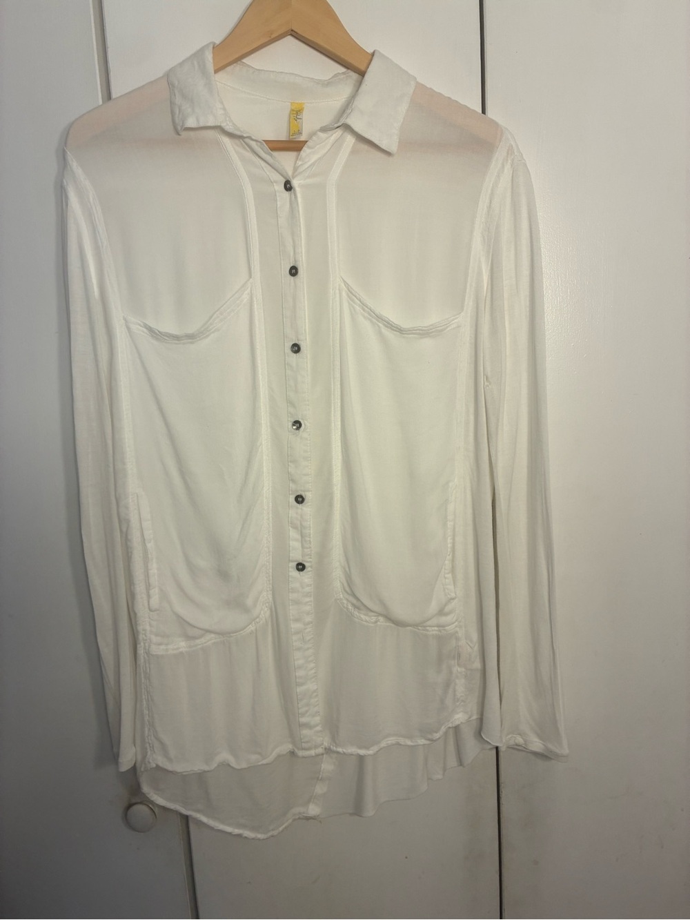 FREE PEOPLE Women White Button Up Tunic S Large Pockets Lagenlook Fairygrunge
